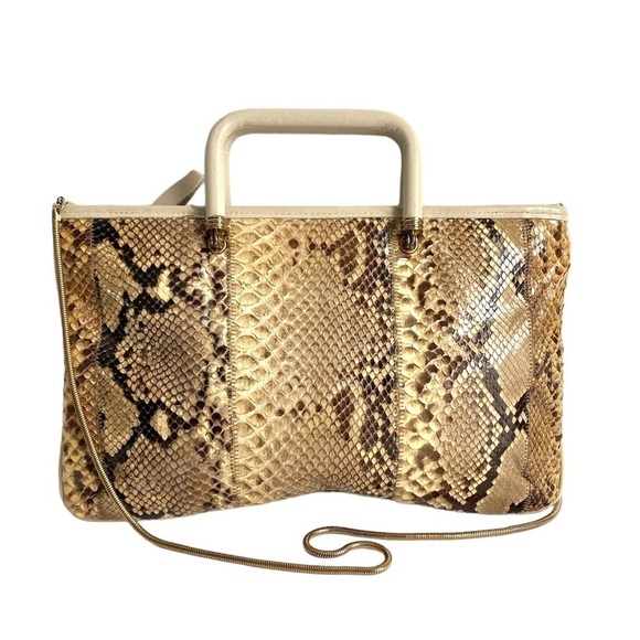 Vintage Snakeskin Python Leather Purse East West Shoulder Bag Top Handle 70s - Picture 1 of 12